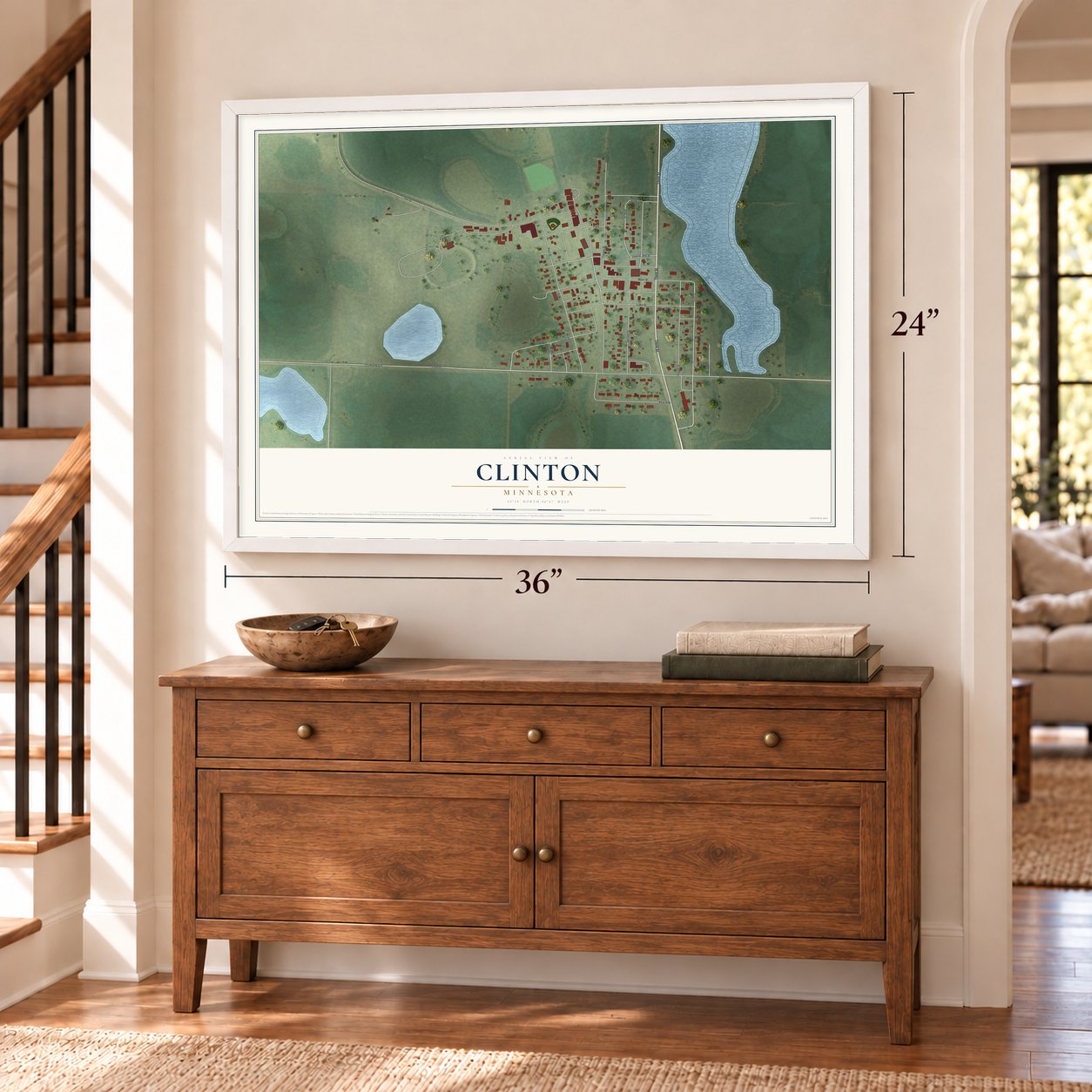 Clinton, Minnesota map, 24 x 36 inch print in a white frame above a dresser by a staircase