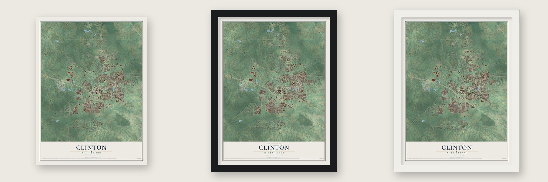Clinton, Mississippi map unframed, in a black wood frame and in a white wood frame
