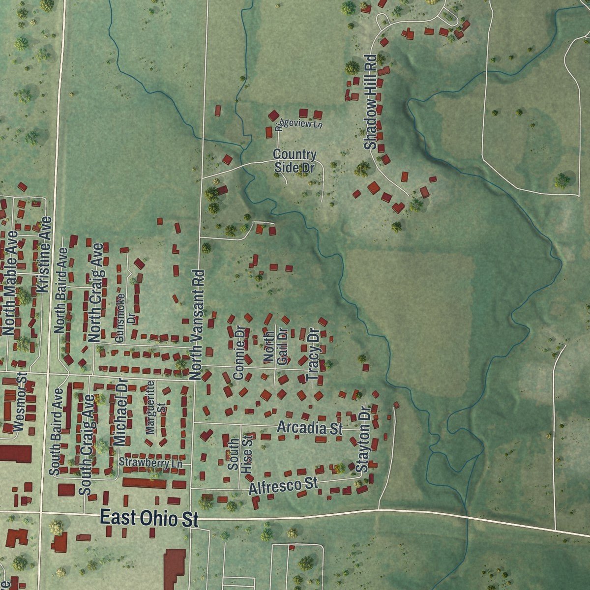 Second close-up of the map of Clinton, Missouri print showing more streets and buildings
