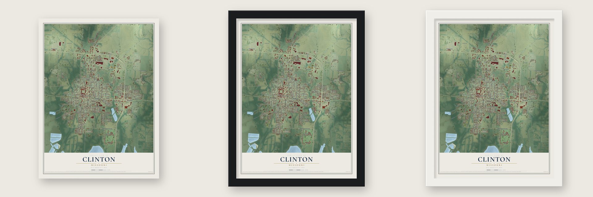 Clinton, Missouri map unframed, in a black wood frame and in a white wood frame