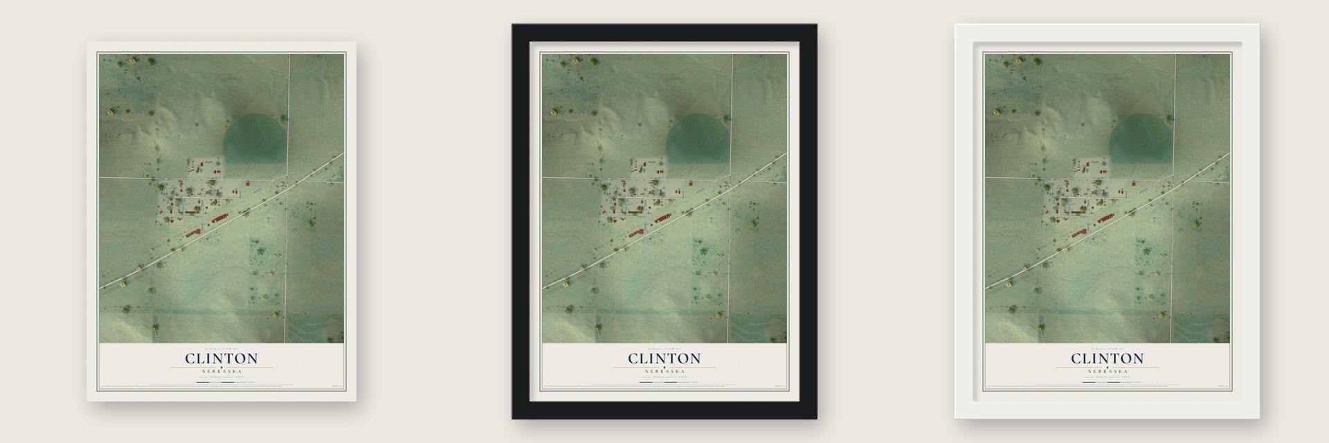 Clinton, Nebraska map unframed, in a black wood frame and in a white wood frame