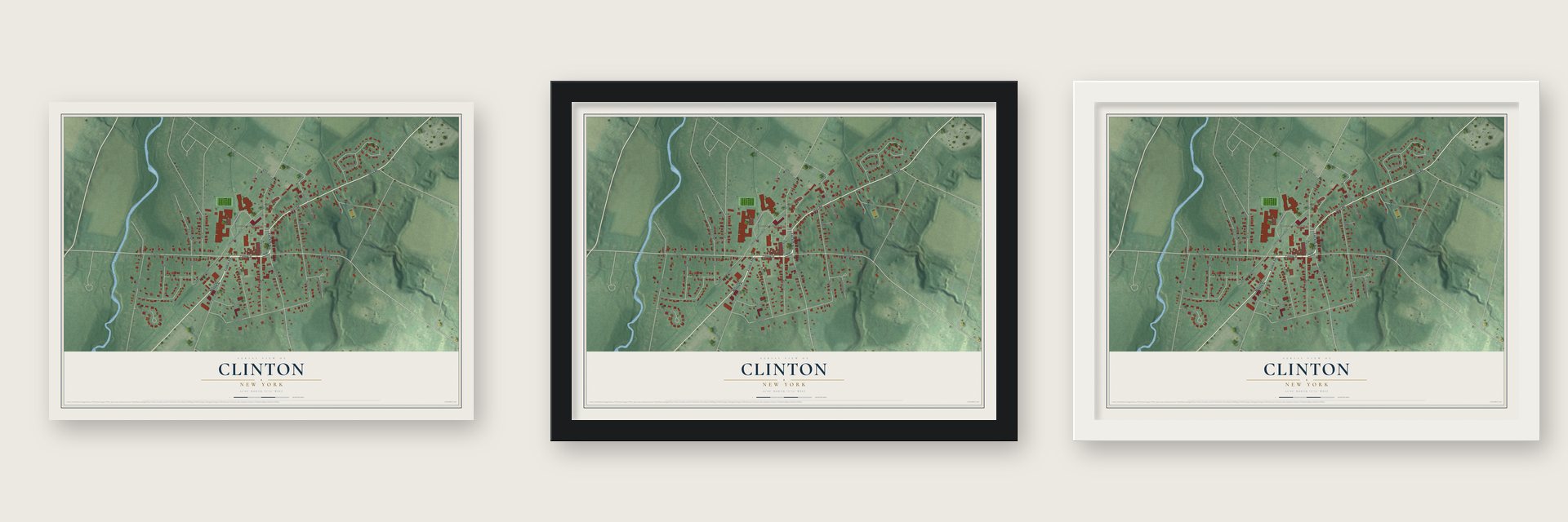 Clinton, New York map unframed, in a black wood frame and in a white wood frame