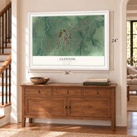 Clinton, New York map, 24 x 36 inch print in a white frame above a dresser by a staircase