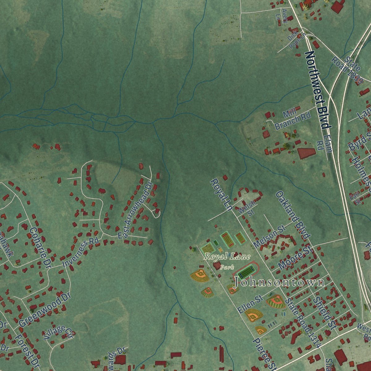 Second close-up of the map of Clinton, North Carolina print showing more streets and buildings