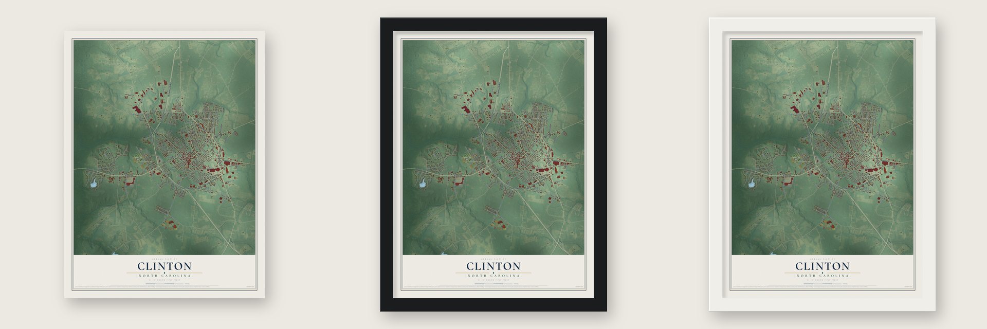 Clinton, North Carolina map unframed, in a black wood frame and in a white wood frame