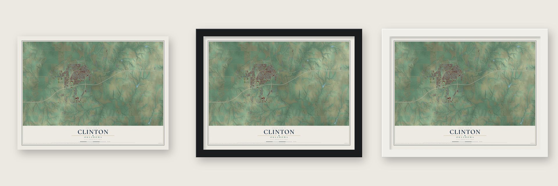 Clinton, Oklahoma map unframed, in a black wood frame and in a white wood frame