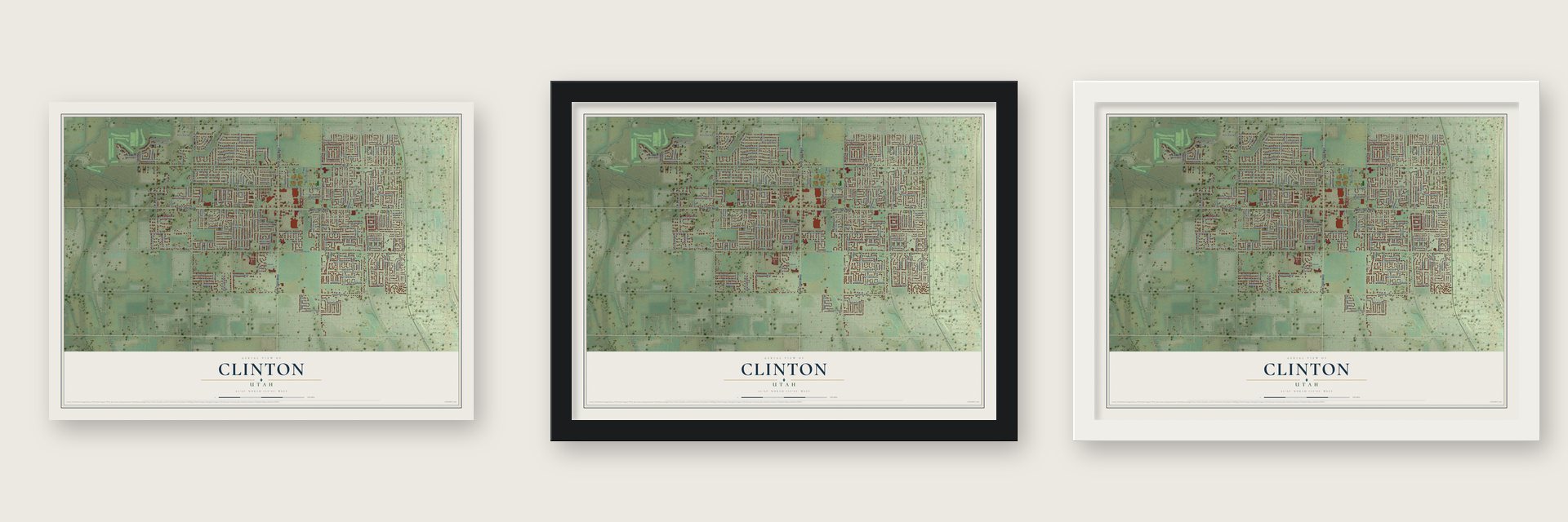 Clinton, Utah map unframed, in a black wood frame and in a white wood frame