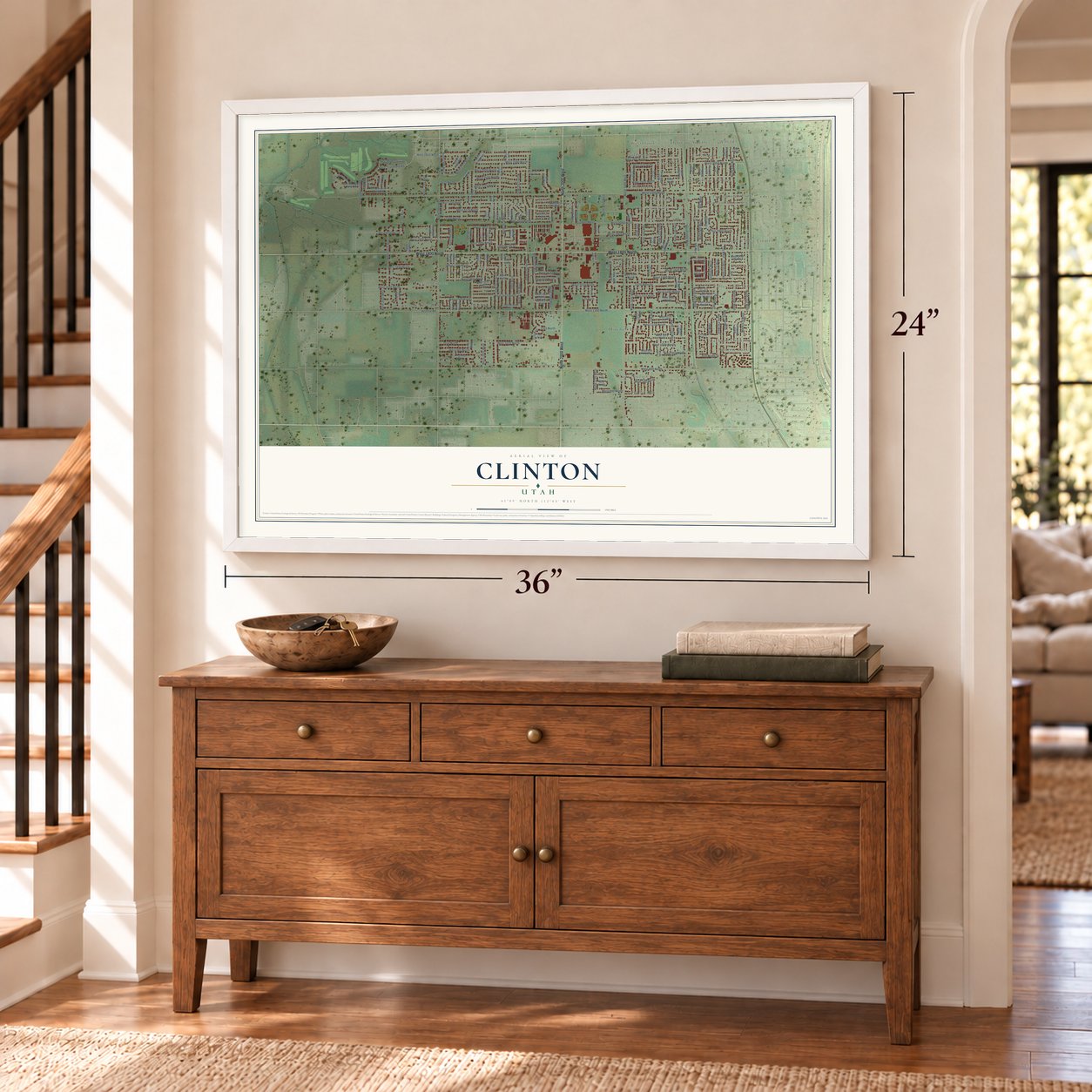 Clinton, Utah map, 24 x 36 inch print in a white frame above a dresser by a staircase