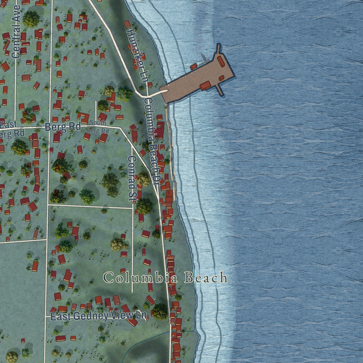 Second close-up of the map of Clinton, Washington print showing more streets and buildings