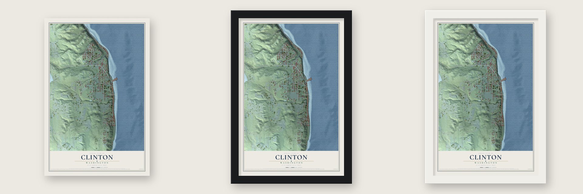 Clinton, Washington map unframed, in a black wood frame and in a white wood frame