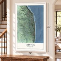Clinton, Washington map, 24 x 36 inch print in a white frame by a staircase