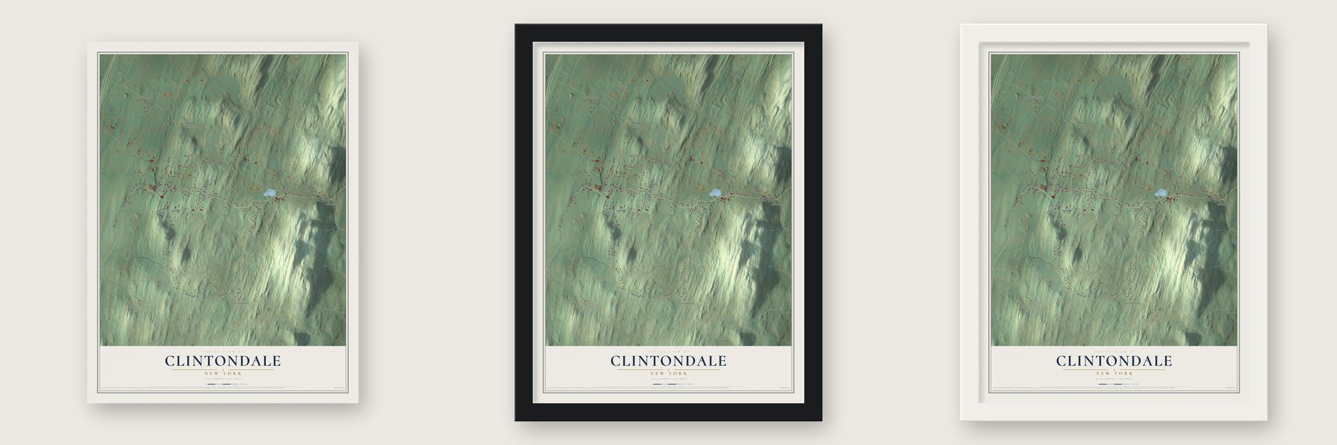 Clintondale, New York map unframed, in a black wood frame and in a white wood frame