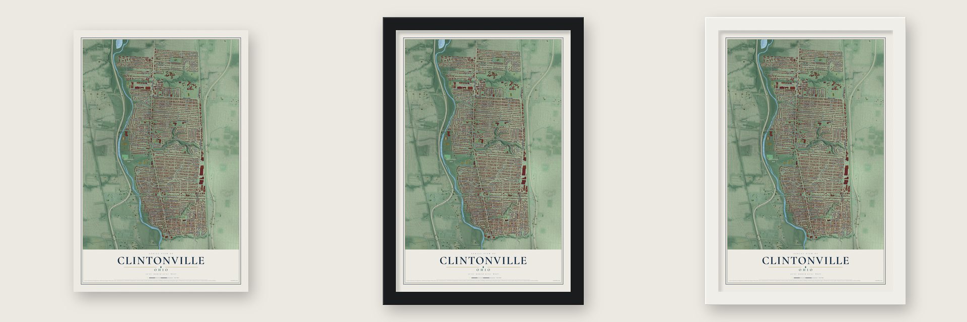 Clintonville, Ohio map unframed, in a black wood frame and in a white wood frame