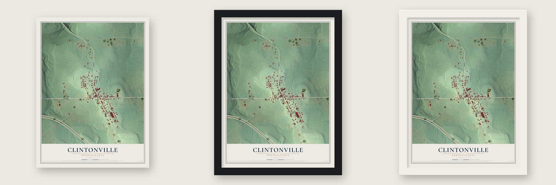 Clintonville, Pennsylvania map unframed, in a black wood frame and in a white wood frame