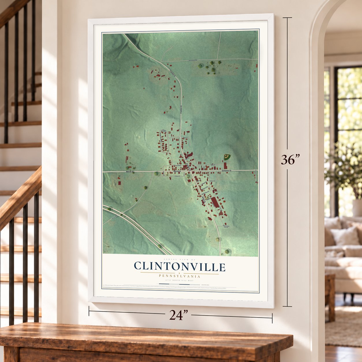 Clintonville, Pennsylvania map, 24 x 36 inch print in a white frame by a staircase