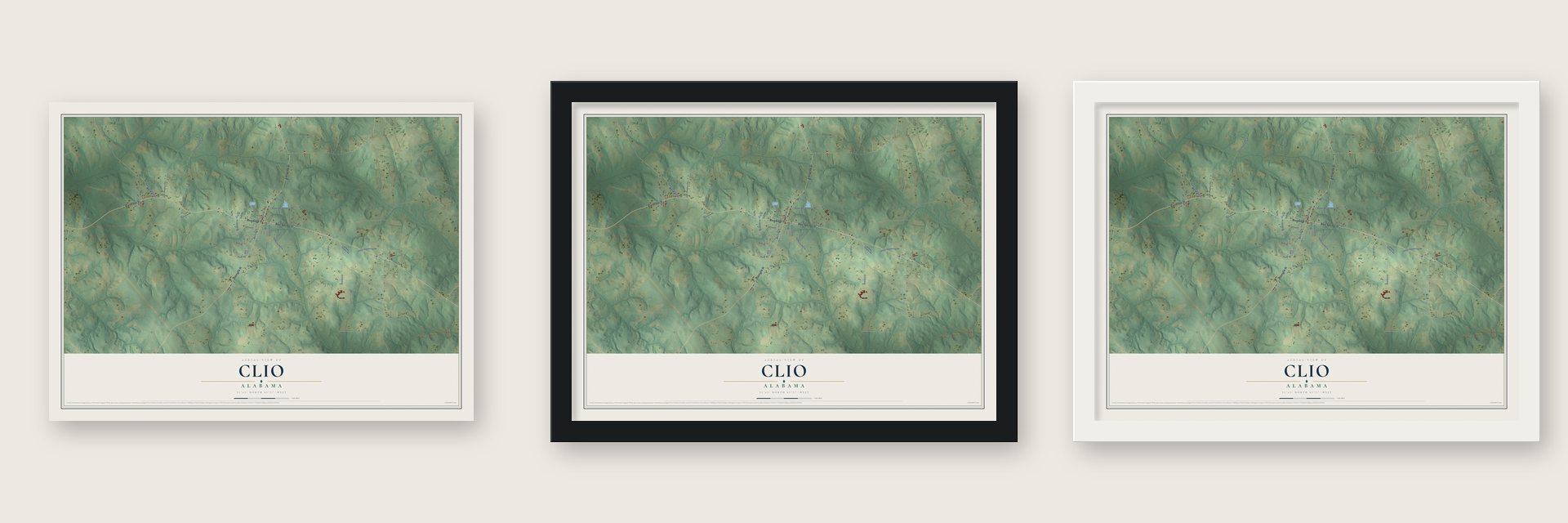 Clio, Alabama map unframed, in a black wood frame and in a white wood frame