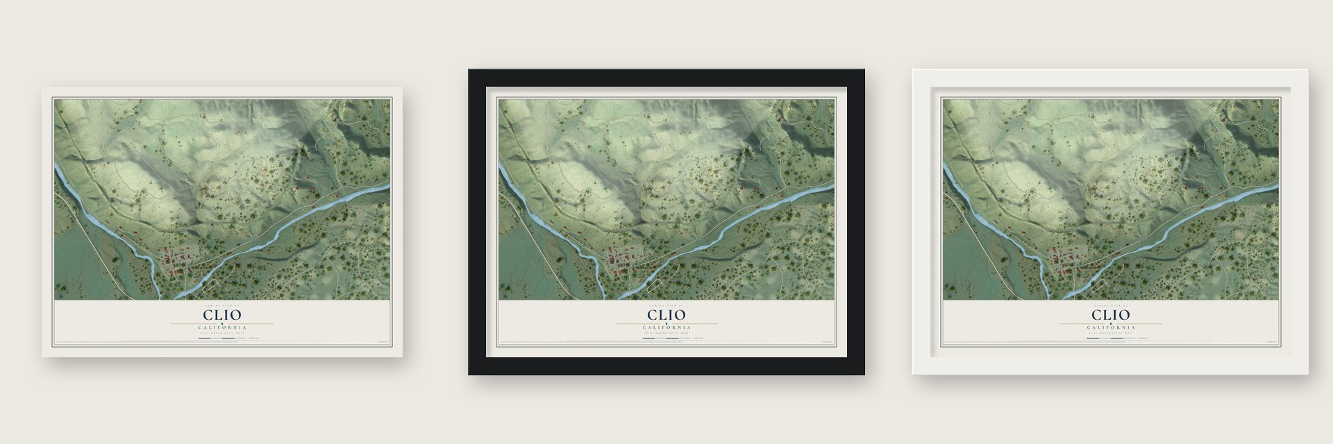 Clio, California map unframed, in a black wood frame and in a white wood frame
