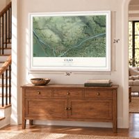 Clio, California map, 24 x 36 inch print in a white frame above a dresser by a staircase