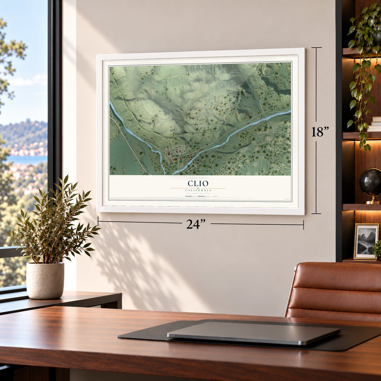 Clio, California map, 18 x 24 inch print in a white frame in a home office