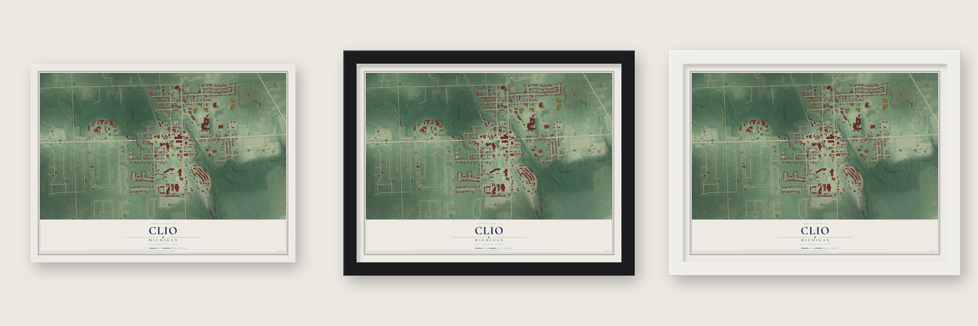 Clio, Michigan map unframed, in a black wood frame and in a white wood frame