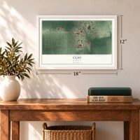 Clio, Michigan map, 12 x 18 inch print in a white frame in an entryway