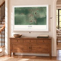 Clio, Michigan map, 24 x 36 inch print in a white frame above a dresser by a staircase