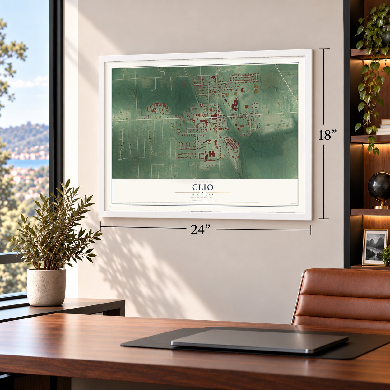 Clio, Michigan map, 18 x 24 inch print in a white frame in a home office