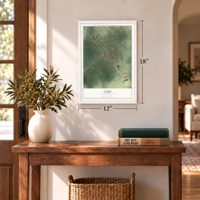 Clio, South Carolina map, 12 x 18 inch print in a white frame in an entryway