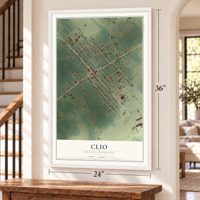 Clio, South Carolina map, 24 x 36 inch print in a white frame by a staircase