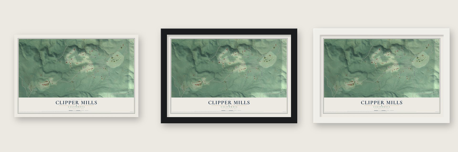 Clipper Mills, California map unframed, in a black wood frame and in a white wood frame