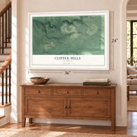 Clipper Mills, California map, 24 x 36 inch print in a white frame above a dresser by a staircase