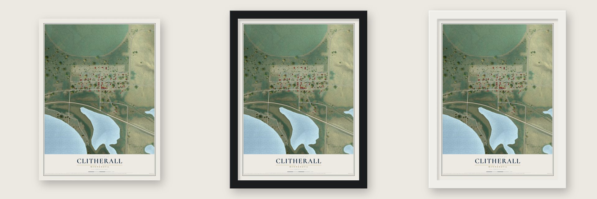 Clitherall, Minnesota map unframed, in a black wood frame and in a white wood frame