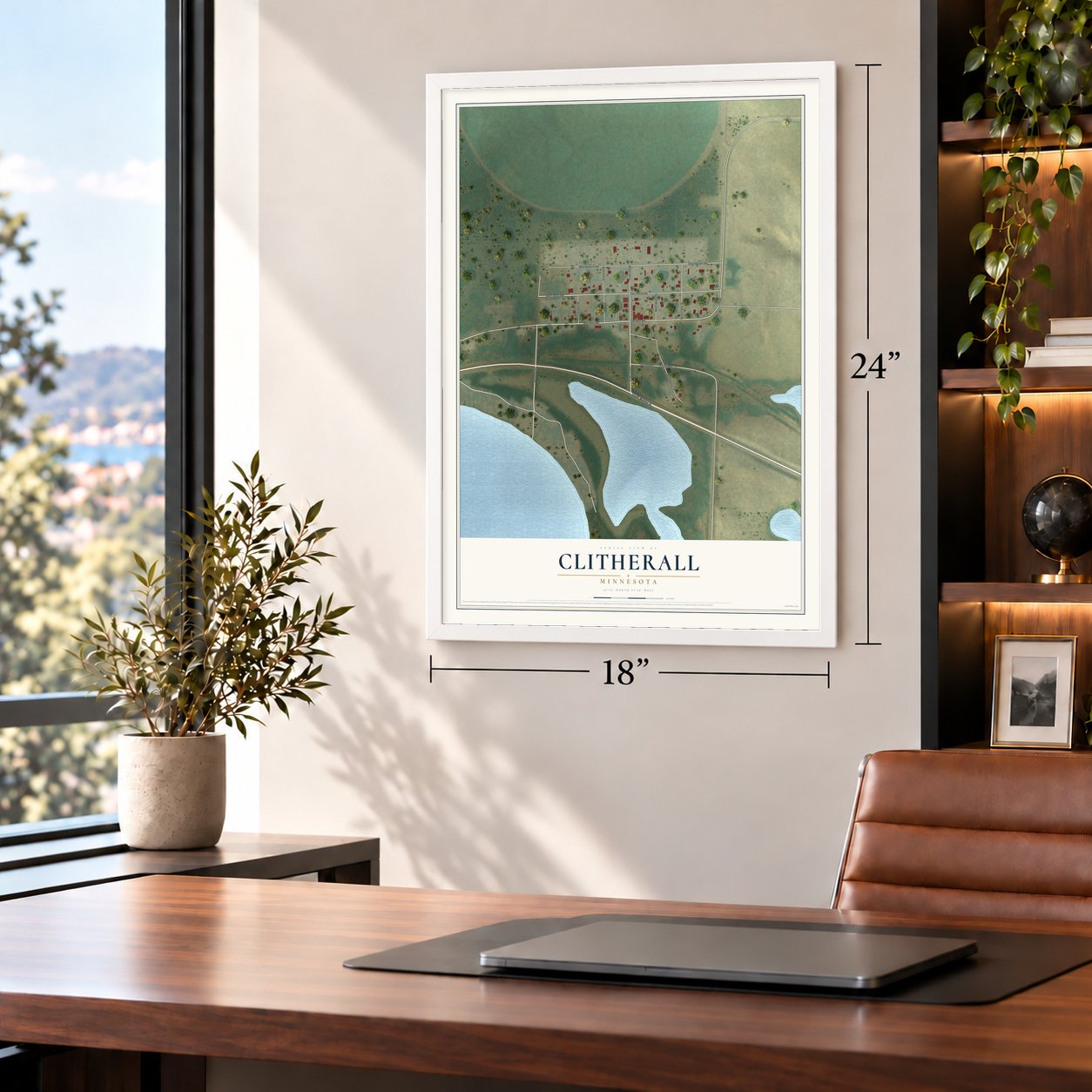 Clitherall, Minnesota map, 18 x 24 inch print in a white frame in a home office