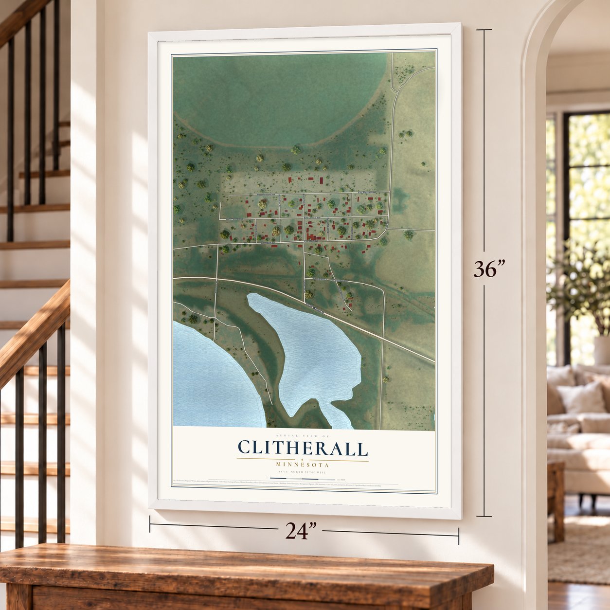 Clitherall, Minnesota map, 24 x 36 inch print in a white frame by a staircase