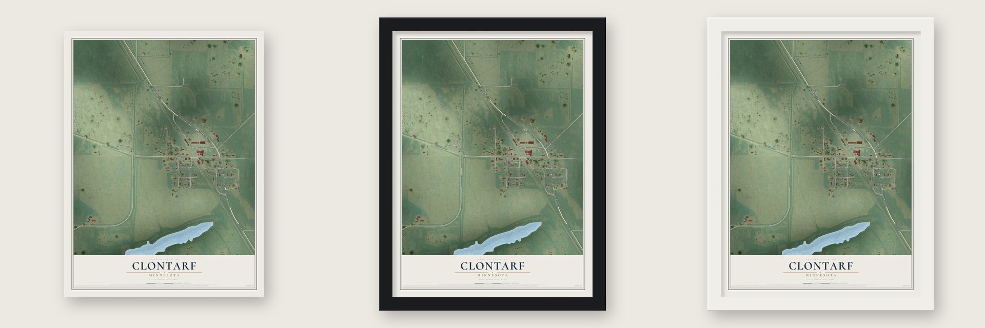 Clontarf, Minnesota map unframed, in a black wood frame and in a white wood frame