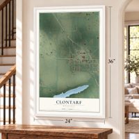 Clontarf, Minnesota map, 24 x 36 inch print in a white frame by a staircase