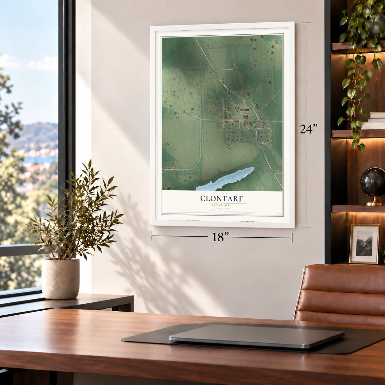 Clontarf, Minnesota map, 18 x 24 inch print in a white frame in a home office
