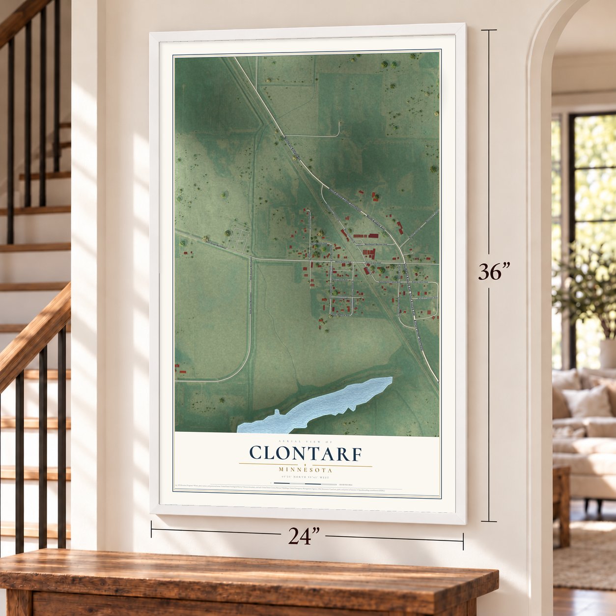 Clontarf, Minnesota map, 24 x 36 inch print in a white frame by a staircase