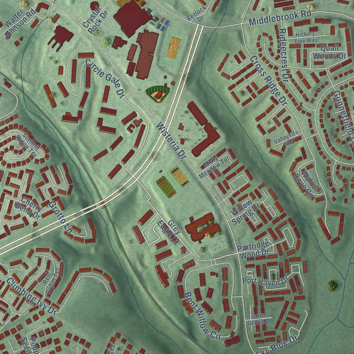 Second close-up of the map of Clopper, Maryland print showing more streets and buildings