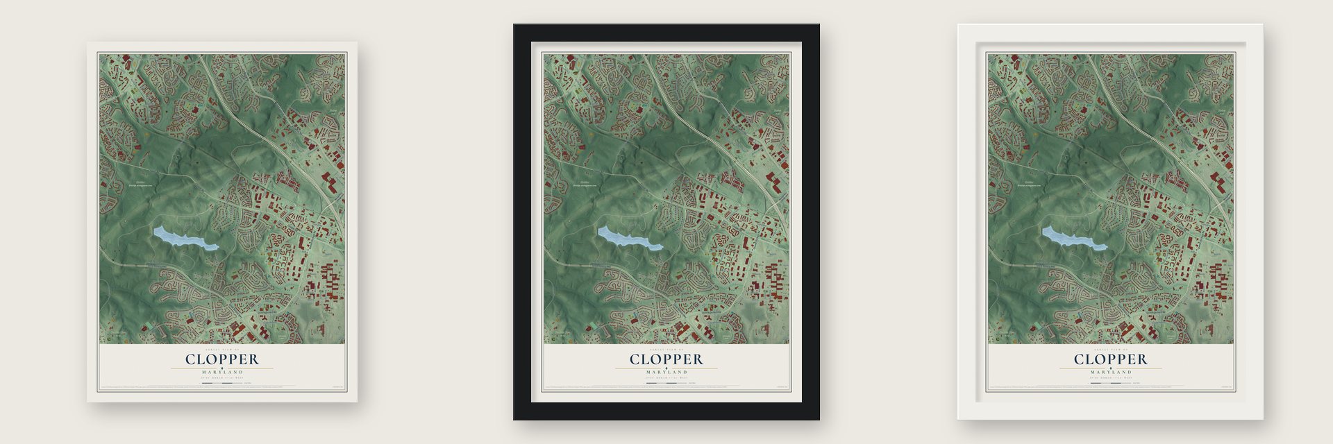 Clopper, Maryland map unframed, in a black wood frame and in a white wood frame