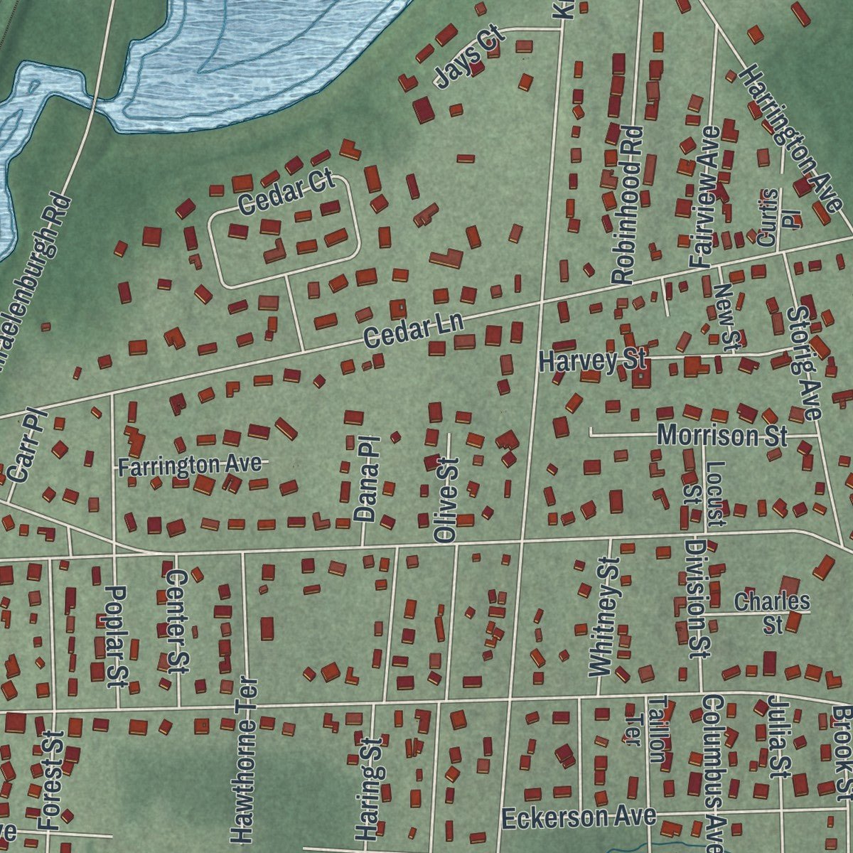 Second close-up of the map of Closter, New Jersey print showing more streets and buildings