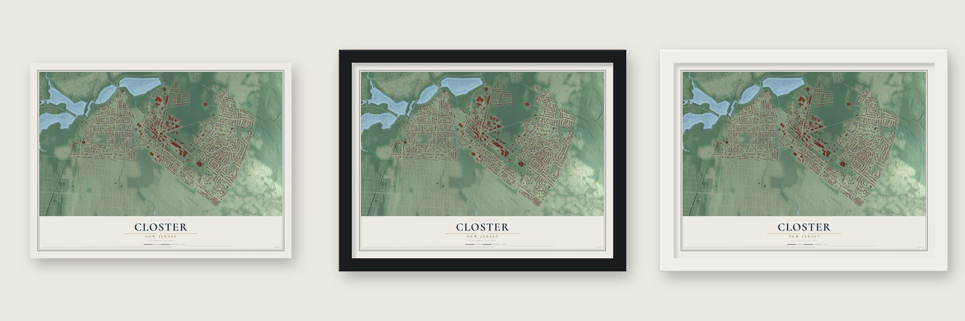 Closter, New Jersey map unframed, in a black wood frame and in a white wood frame