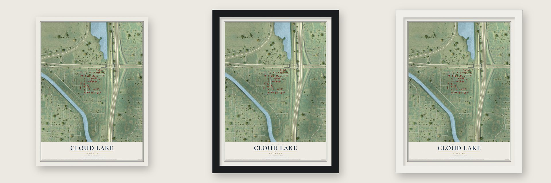 Cloud Lake, Florida map unframed, in a black wood frame and in a white wood frame