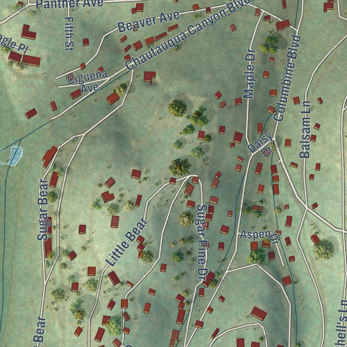 Second close-up of the map of Cloudcroft, New Mexico print showing more streets and buildings