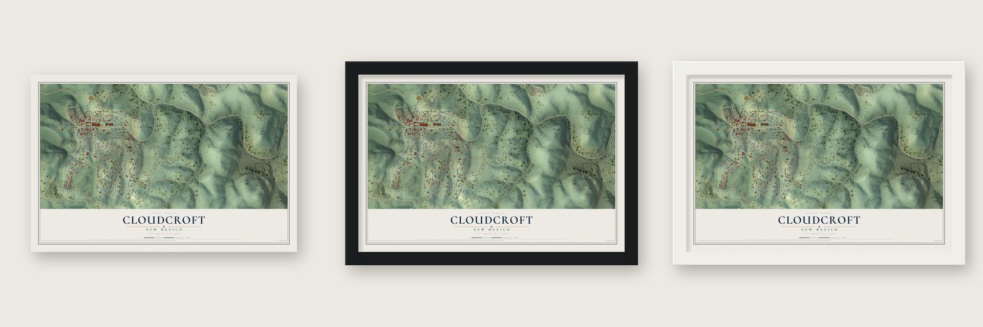 Cloudcroft, New Mexico map unframed, in a black wood frame and in a white wood frame
