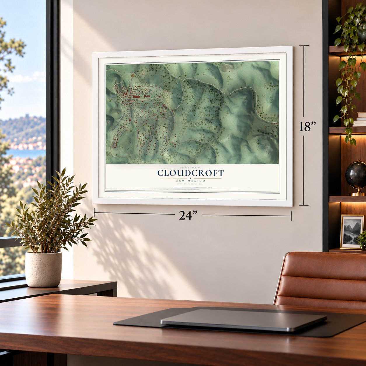 Cloudcroft, New Mexico map, 18 x 24 inch print in a white frame in a home office