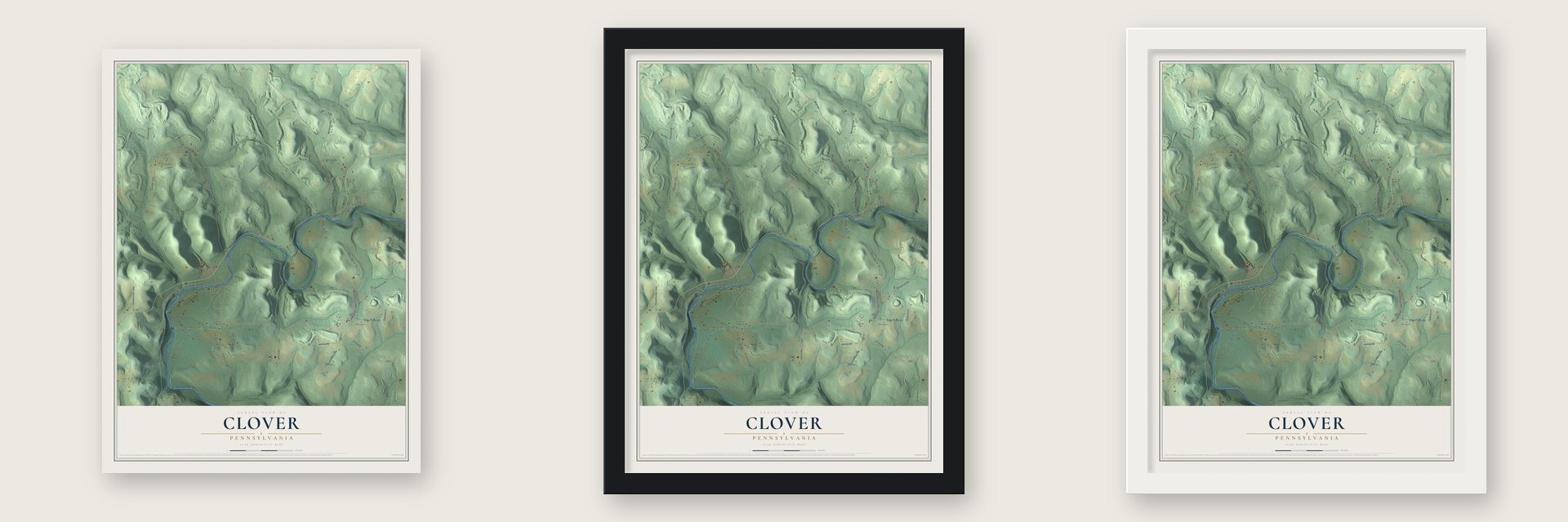 Clover, Pennsylvania map unframed, in a black wood frame and in a white wood frame