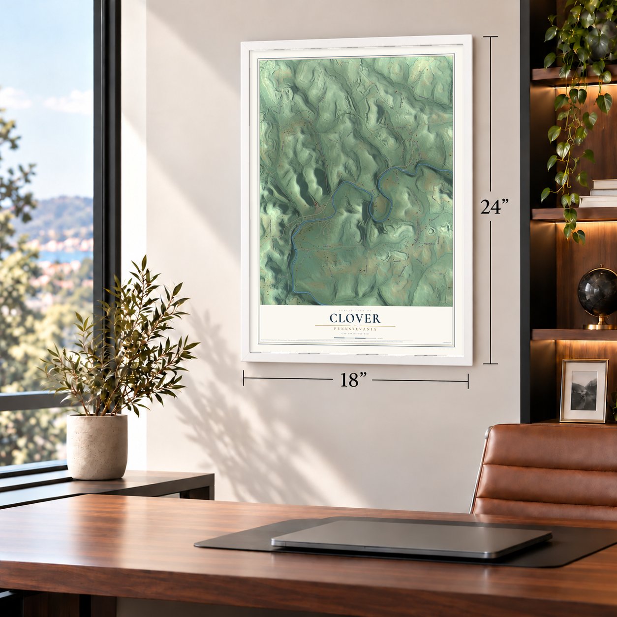 Clover, Pennsylvania map, 18 x 24 inch print in a white frame in a home office
