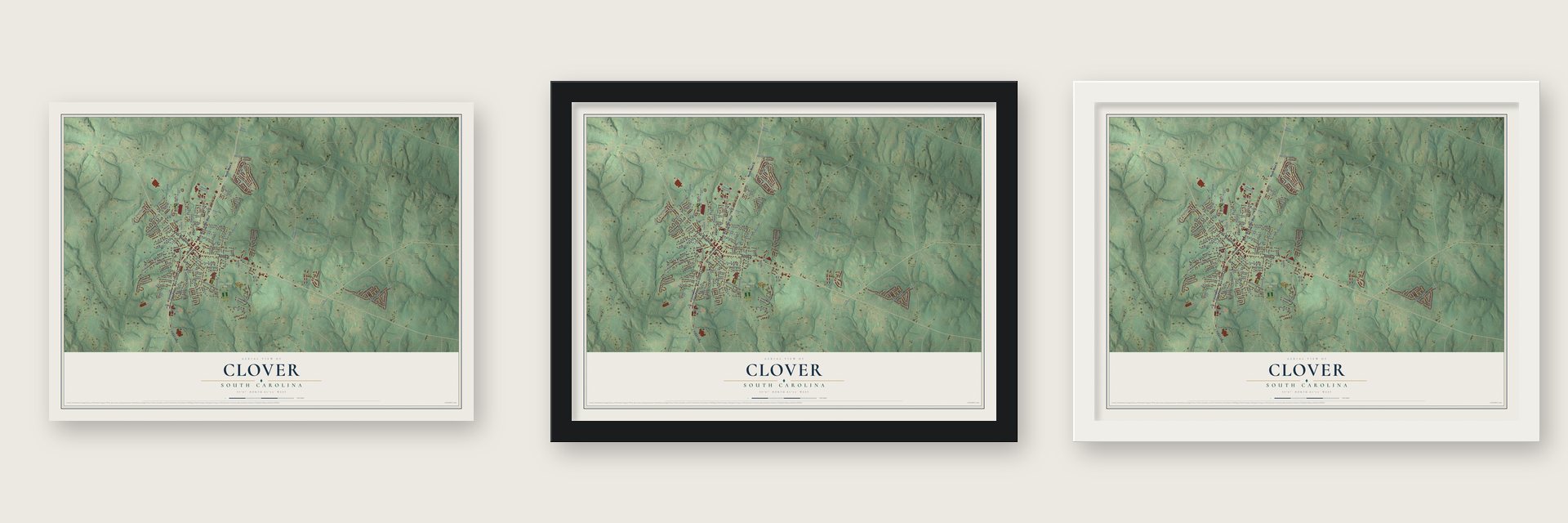 Clover, South Carolina map unframed, in a black wood frame and in a white wood frame