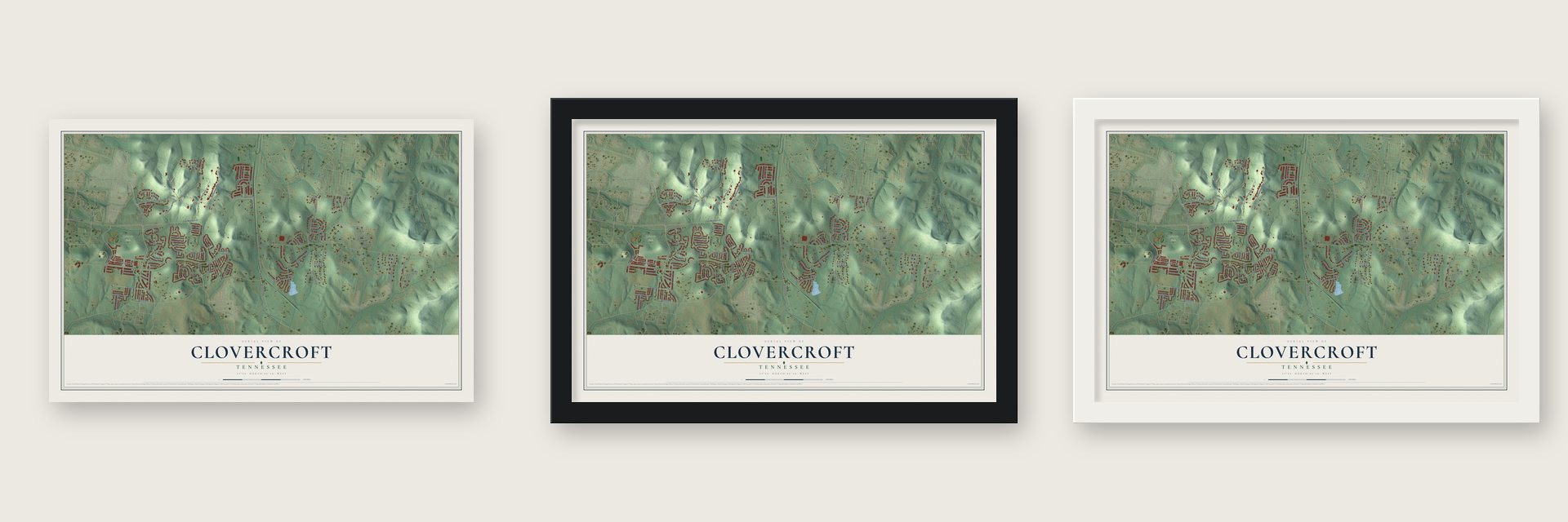 Clovercroft, Tennessee map unframed, in a black wood frame and in a white wood frame